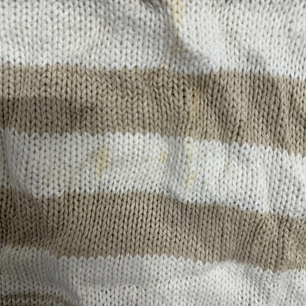 Lizsport Sweater Womens Large Cream Tan Striped Fair Isle Short Sleeve Ramie